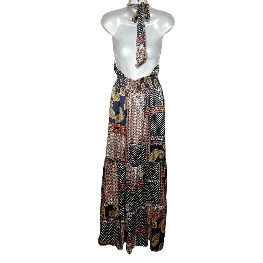 Lulus Trendy Travels Halter Maxi Dress Navy Blue Multi Patchwork Scarf Print S